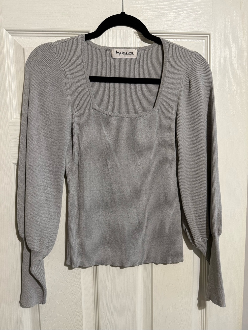 Impressions Light Gray Ribbed Square Neck Long Sleeve Top